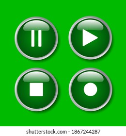 
Graphic design of simple sign isolated on blue background. Playback icon, vector multimedia for video and audio, stop and pause. in a green circle for the web button. Vector illustration.