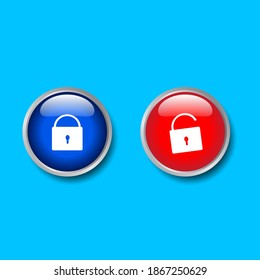 Graphic design of simple sign isolated on blue background. Padlock icon. in blue and red circles for web buttons and security icons. Vector illustration.