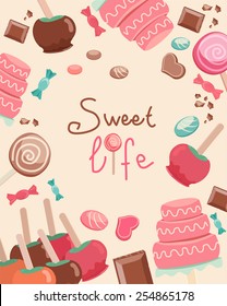 Graphic Design of Simple Sweet Life Text Surrounded by Sweets on Light Brown Background.