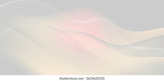 The graphic design in soft tones of white and light pink is a calm, soothing and gentle style. The thin curves are arranged in a wave-like pattern on a light gray background.