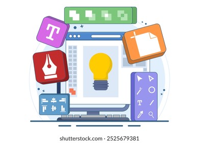 Conceito de aplicação de software de design gráfico na tela do laptop ou do computador, ilustração plana, modelo vetorial, ferramentas de design, símbolos, ícones e elementos na tela, criador no trabalho, designer gráfico.