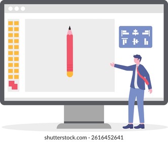 Graphic design software application concept on laptop or computer screen, flat illustration, vector template, design tools, symbols,


