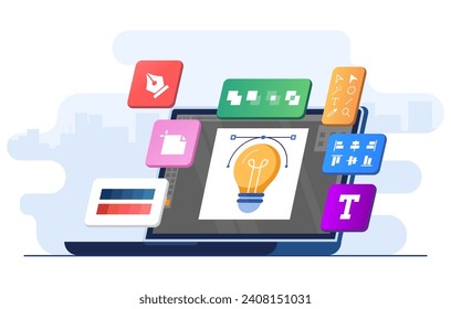 Graphic design software application on laptop screen flat illustration vector template, Design tools, symbols, icons and elements on screen, Creators at work, Graphic designing, designer