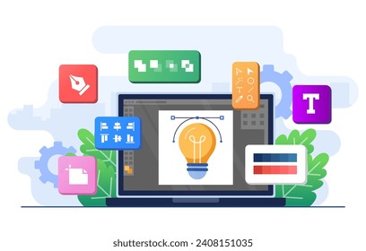 Graphic design software application on laptop screen flat illustration vector template, Design tools, symbols, icons and elements on screen, Creators at work, Graphic designing, designer