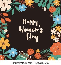 Diseño gráfico de postal cuadrado para el 8 de marzo con marco de flores silvestres primaverales. Tarjeta de saludo para el Día Internacional de la Mujer en un fondo oscuro. Ilustración de vector plana colorida