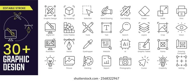 Graphic Design Stroke icon collections. Containing Graphic Design, 3D Modeling, Selection, Hand Drawing, Tool, Setting, Eraser, and more icons. Editable Stroke icon collection Outline icon