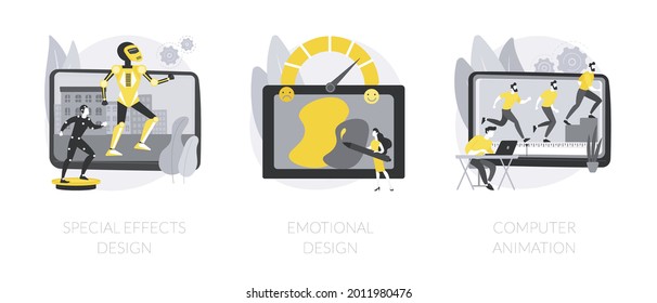 Graphic design studio abstract concept vector illustration set. Special effects design, emotional interaction, computer graphic animation, 3d visual game art, cartoon video creation abstract metaphor.