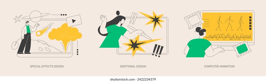 Graphic design studio abstract concept vector illustration set. Special effects design, emotional interaction, computer graphic animation, 3d visual game art, cartoon video creation abstract metaphor.