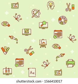 Graphic design studio color linear icons set. Painting and drawing hobby, print shop service contour symbols. Traditional and modern artist accessories outline vector illustrations pack