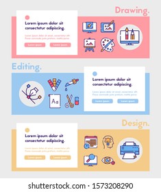 Graphic design studio color linear icons set. Painting and drawing hobby, print shop service contour symbols. Traditional and modern artist accessories outline vector illustrations pack