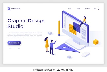 Graphic Design Studio isometric landing page template. Creative service for business vector illustration for webpage. Digital art from professional artists. Web application development elements