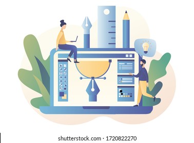  Grafikdesign-Studio. Teamarbeit. Designer-Tools. Kleine Designer, Illustratoren oder Vektorkünstler, die mit Stift in Grafik-Editor zeichnen. Moderner, flacher Cartoon-Stil. Vektorgrafik auf weißem Hintergrund