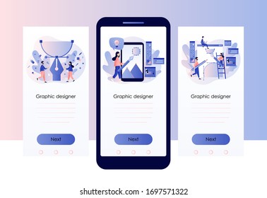 Graphic design studio. Tiny designer,  illustrators or vector artist drawing with pen in graphic editor. Designer tools. Screen template for mobile smart phone. Modern flat cartoon style. Vector