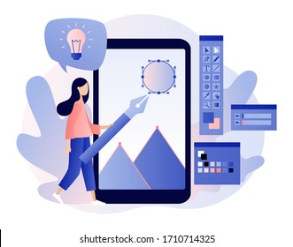 Graphic design studio. Tiny girl designer,  illustrator or vector artist drawing with pen in graphic editor. Designer tools. Modern flat cartoon style. Vector illustration on white background