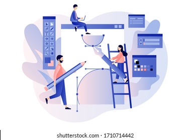 Graphic design studio. Tiny people designers, illustrators or vector artists drawing with pen in graphic editor. Designer tools. Modern flat cartoon style. Vector illustration on white background