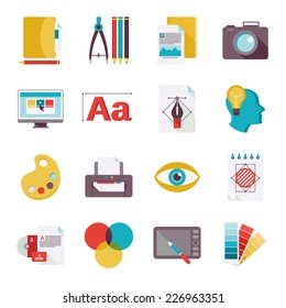 Graphic design studio tools creative process flat icons set isolated vector illustration