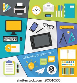 Graphic design studio tools drawing process workplace flat icons set isolated vector illustration.