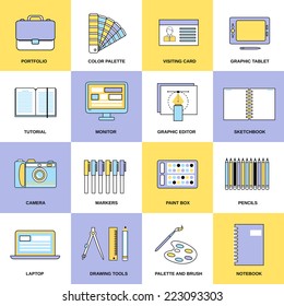 Graphic design studio tools drawing process workplace flat line icons set isolated vector illustration