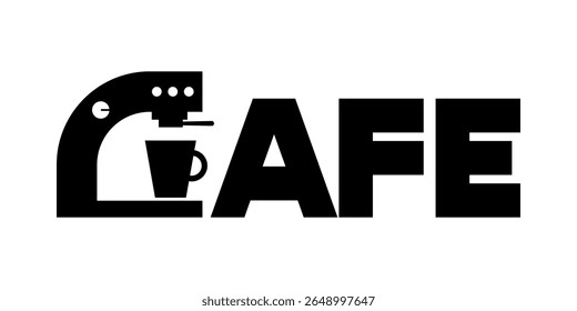 Graphic design of a stylish cafe logo with a coffee machine silhouette integrated into bold text layout.