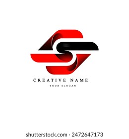 Diseño gráfico de una letra 3D estilizada ‘S’ en rojo, negro y blanco, creando una ilusión óptica con Formas entrelazadas.