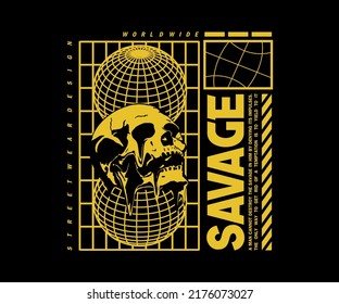 graphic design for t shirt, with text, savage, for street wear, vintage fashion and urban style