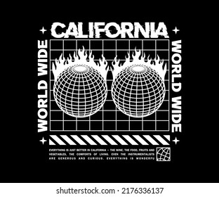 graphic design for t shirt, with text, california world wide, for street wear, vintage fashion and urban style