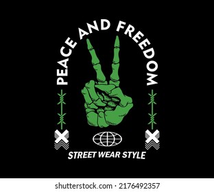 graphic design for t shirt, with text peace and freedom, for street wear, vintage fashion and urban style