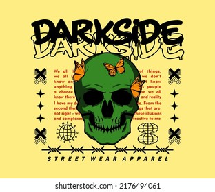 graphic design for t shirt, with text dark side, for street wear, vintage fashion and urban style