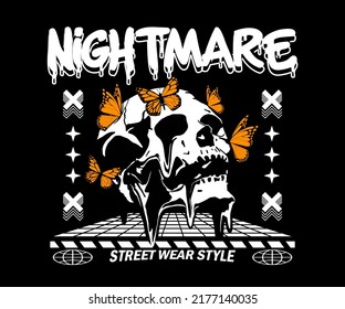 graphic design for t shirt, with text nightmare, for street wear, vintage fashion and urban style