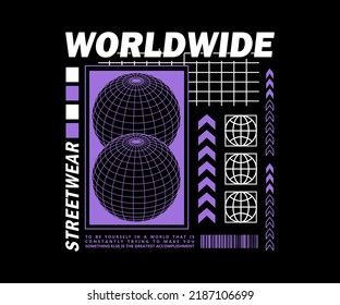 graphic design for t shirt, with text worldwide, for street wear, vintage fashion and urban style