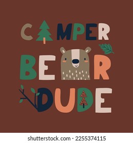 diseño gráfico para la impresión tee con tipo y dibujo de la cabeza de oso lindo