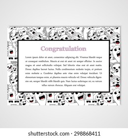 Graphic design template document with abstract monsters. Hand drawn illustration.