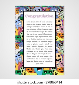 Graphic design template document with abstract monsters. Hand drawn illustration.