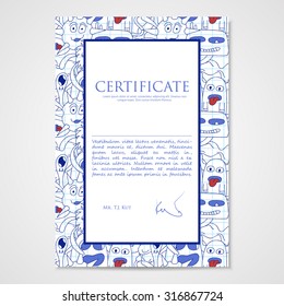 Graphic design template document with abstract monsters on notebook. Hand drawn illustration.