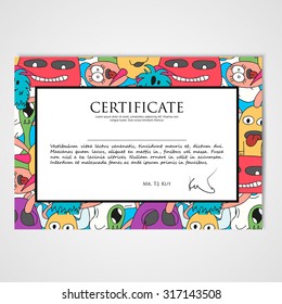 Graphic design template document with abstract monsters. Hand drawn illustration in bright colors.