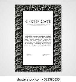 Graphic design template document with abstract monsters. Hand drawn illustration in black and white colors.