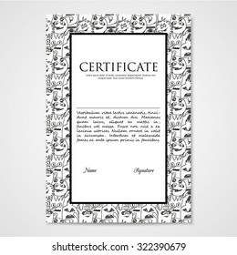 Graphic design template document with abstract monsters. Hand drawn illustration in black and white colors.