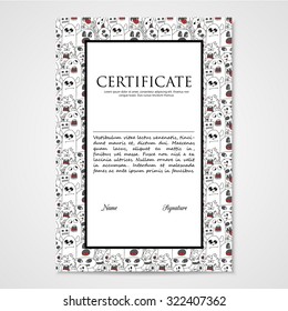 Graphic design template document with abstract monsters. Hand drawn illustration in black and white colors.