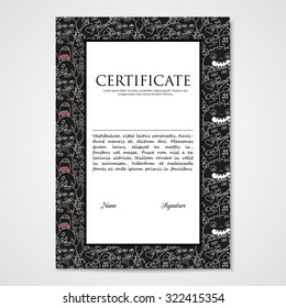 Graphic design template document with abstract monsters. Hand drawn illustration in black and white colors.