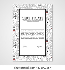 Graphic design template document with abstract monsters. Hand drawn illustration in black and white colors