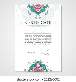 Graphic design template document with floral hand drawn ornament in bright colors