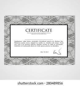 Graphic design template document with hand drawn ornament in black and white colors