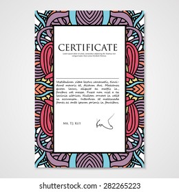 Graphic design template document with hand drawn ornament in bright colors
