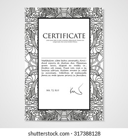 Graphic design template document with hand drawn doodle pattern. Illustration in black and white colors.
