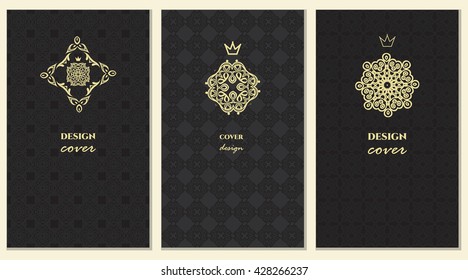 Graphic Design Templates for Logo, Labels and cover, black and gold colors. Abstract Line Patterns Backgrounds. Collection for Banners,  Placards and Posters. Retro Backgrounds.