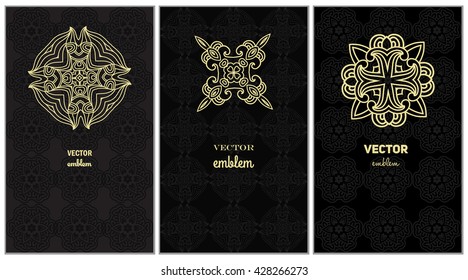 Graphic Design Templates for Logo, Labels and cover, black and gold colors. Abstract Line Patterns Backgrounds. Collection for Banners,  Placards and Posters. Retro Backgrounds.