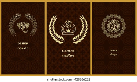 Graphic Design Templates for Logo, Labels and cover, brown and gold colors. Abstract Line Patterns Backgrounds. Collection for Banners,  Placards and Posters. Retro Backgrounds