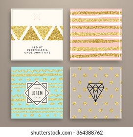 Graphic Design Templates Set for Logo, Labels and Badges. Abstract Line Patterns Backgrounds. Collection for Banners, Flyers, Placards and Posters. Retro Backgrounds. Gold Glitter Trendy Texture.