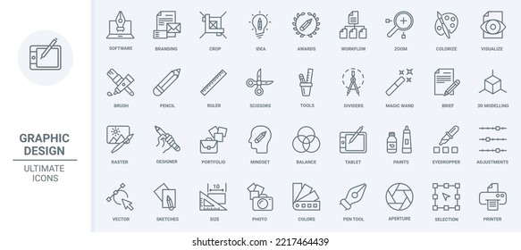 Graphic design thin line icons set vector illustration. Outline software and tools to visualize designers portfolio and creative ideas and projects, ruler and magic brush, scissors crop size and pen