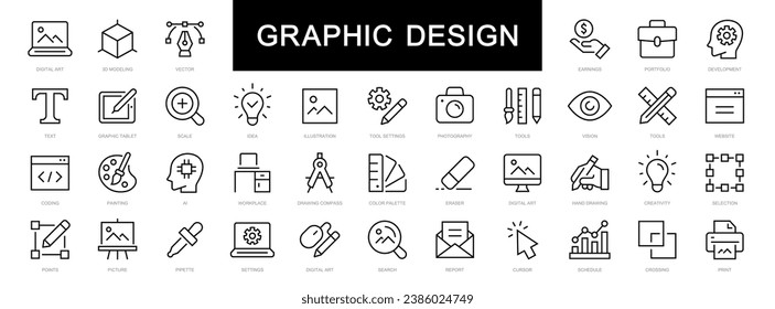 Graphic design thin line icons set. Graphic design editable stroke icons. Vector illustration. Digital art, Creativity, Tools, Drawing, Portfolio, Idea icon.